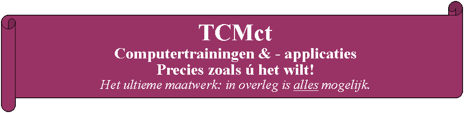 Rol: horizontaal: TCMct Computertrainingen & - applicaties Precies zoals  het wilt!Het ultieme maatwerk: in overleg is alles mogelijk. 