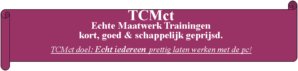 Rol: horizontaal: TCMct Echte Maatwerk Trainingenkort, goed & schappelijk geprijsd.TCMct doel: Echt iedereen prettig laten werken met de pc!